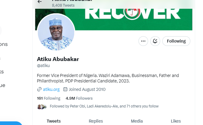 A screenshot of Atiku's Twitter handle bearing no blue tick.