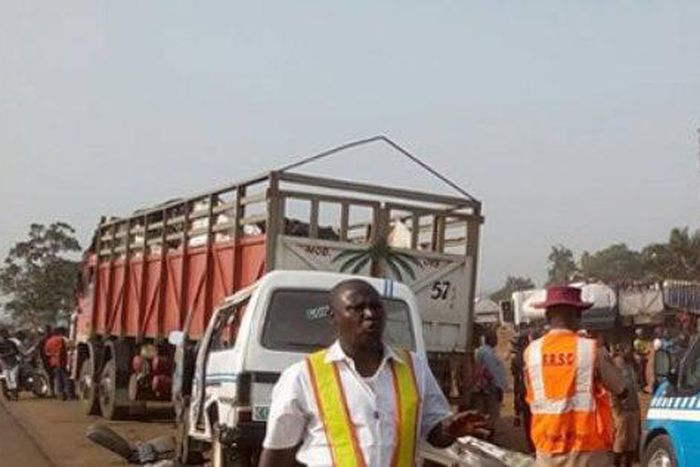 The scene of an accident that saw a bus ram into a truck parked on the road side.