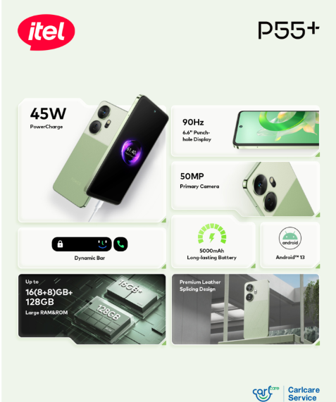 Meet the powerful itel P55+ — the smartphone redefining fast charging.