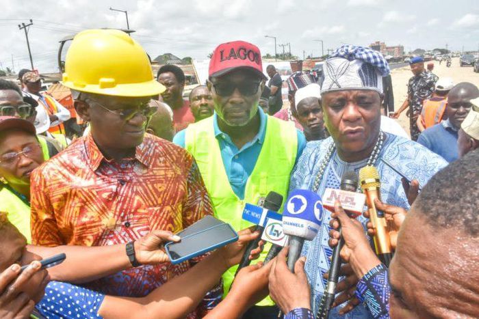 From left, Minister of Works and Housing, Mr Babatunde Fashola; Commissioner for Transportation, Dr Fredrick Oladeinde and Onibereko of Ibereko Badagry, Oba Israel Okoya during inspection to the Ongoing Reconstruction/Rehabilitation of Lagos Badagry Ex...