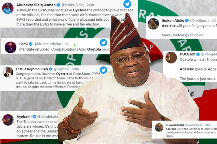 Mixed reactions trail Tribunal governorship verdict as court sacked Ademola Adeleke as Osun State Governor.