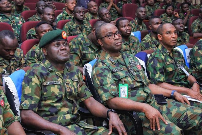 (from left) Chief of Military Intelligence (Army), Maj.- Gen. Thompson Ugiagbe; the GOC 82 Division, Maj.-Gen. Hassan Dada and other senior officers of the Division during the lecture. [NAN]