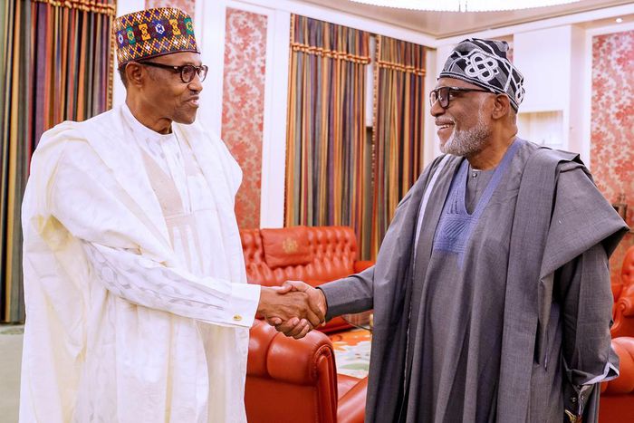 Ondo state governor, Rotimi Akeredolu meets President Muhammadu Buhari at Aso Rock. [Twitter/BashirAhmaad]