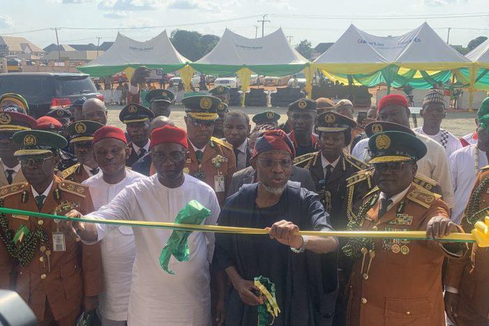Minister of Interior, Rauf Aregbesola, inaugurating an office complex for the Nigerian Correctional Service (NCoS) in Avu, Owerri, on Friday. [NAN]