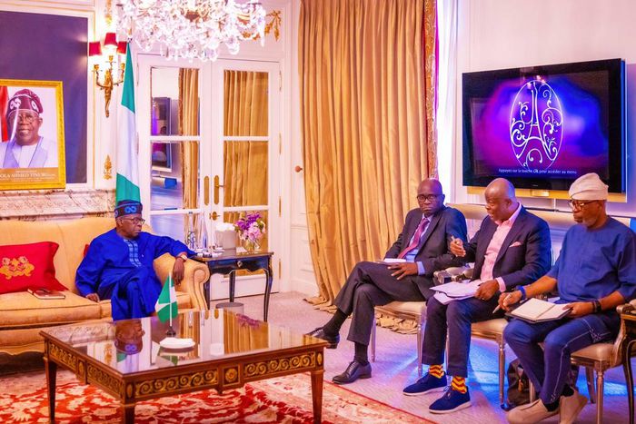 President Bola Tinubu receiving comprehensive briefing from his team ahead of the summit in Paris, France. [Presidency]
