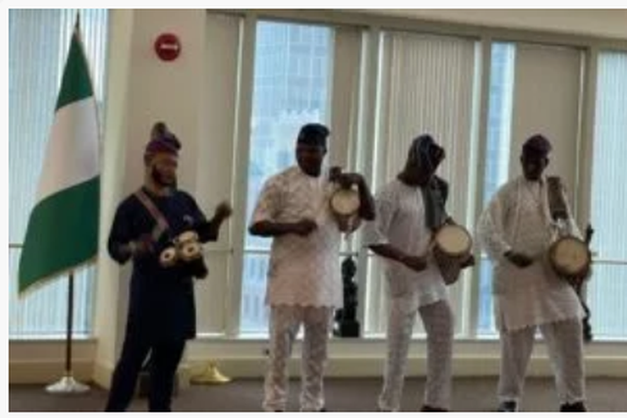 Beating of Gangan (Talking drums) by Olu-Gan Gan troupe at “Ayan Atayero Festival” (festival of drums) at Nigeria House in New York drum. [NAN]