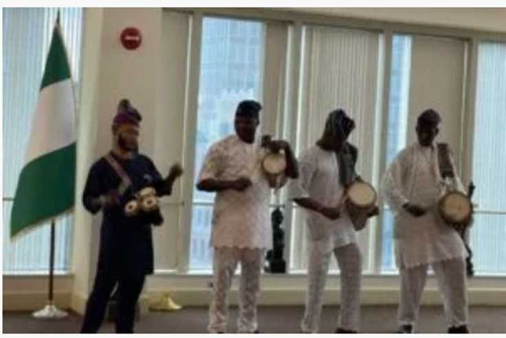 Beating of Gangan (Talking drums) by Olu-Gan Gan troupe at “Ayan Atayero Festival” (festival of drums) at Nigeria House in New York drum. [NAN]