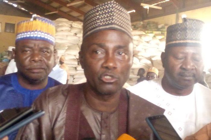 Alhaji Babale Umar-Yauri, Secretary to Kebbi State Government (SSG) briefing Journalists during the distribution of palliative in Birnin Kebbi on Thursday.