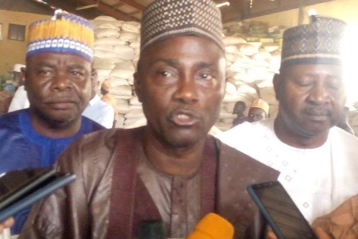 Alhaji Babale Umar-Yauri, Secretary to Kebbi State Government (SSG) briefing Journalists during the distribution of palliative in Birnin Kebbi on Thursday.