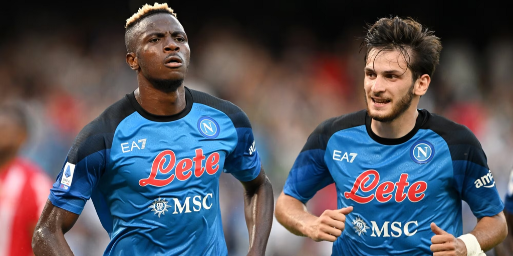 Victor Osimhen (L) have so far scored five goals in nine games in all competitions for the Napoli this season, and Kvicha Kvaratskhelia have made 15-goal contributions in 15 games.