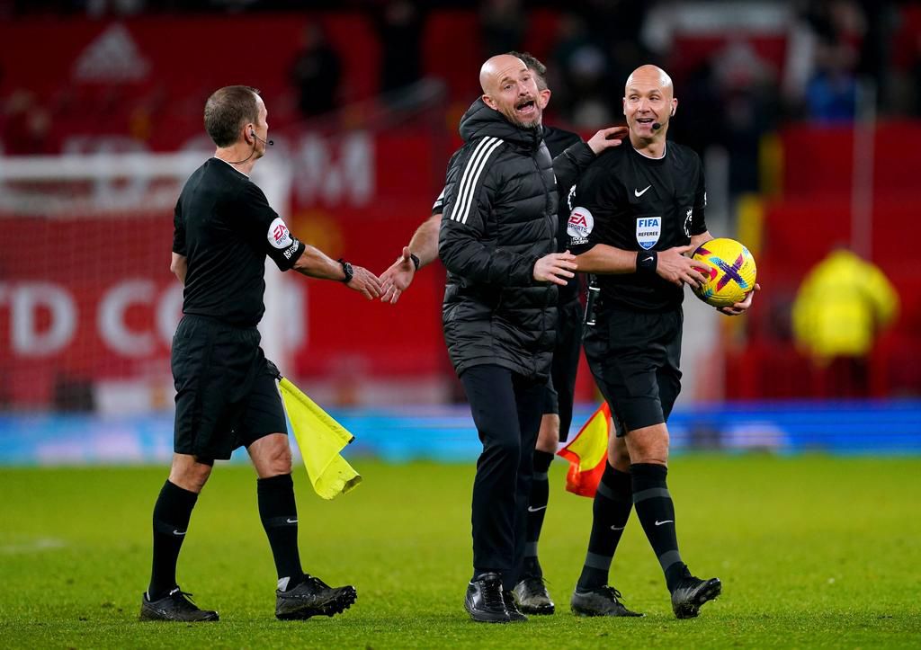 Manchester United, ManU v Nottingham Forest - Premier League - Old Trafford Manchester United manager Erik ten Hag speaks to referee Anthony Taylor at the end of the Premier League match at Old Trafford, Manchester.