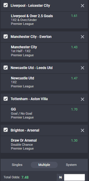 Bet9ja odds for the Premier League
