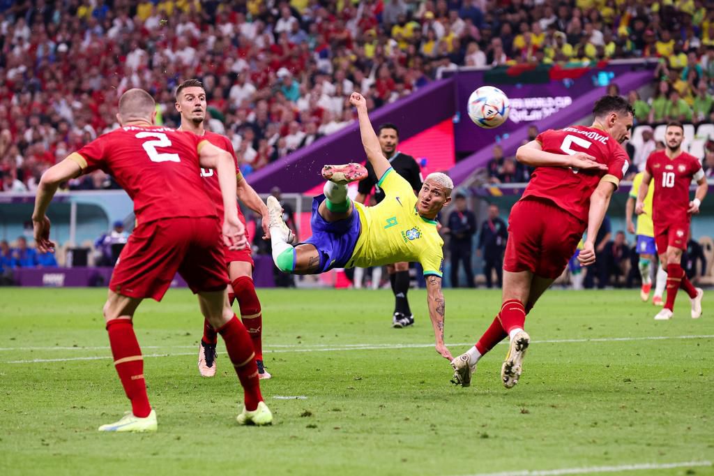 Richarlison of Brazil scores his side's second goal during the FIFA World Cup Qatar 2022 Group G match between Brazil and Serbia at Lusail Stadium on November 24, 2022 in Lusail City, Qatar.Alex Livesey - Danehouse/Getty Images