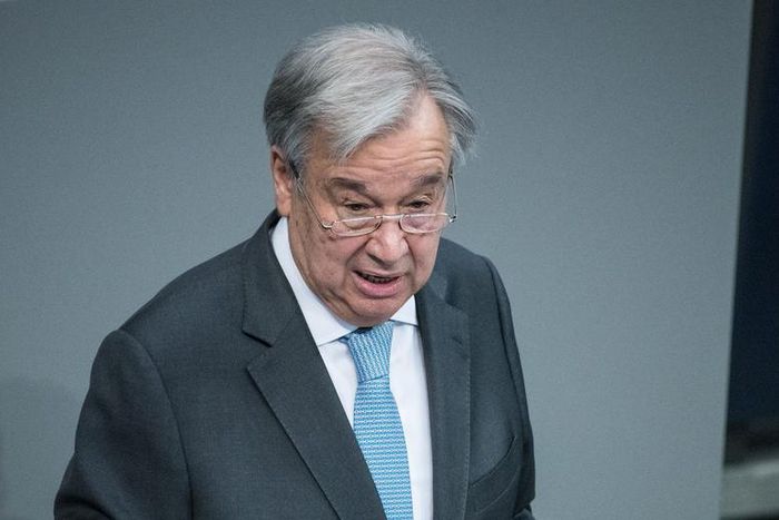 United Nations Secretary-General Antonio Guterres speaks to parliamentarians at the Bundestag on the occasion of the 75th anniversary of the founding of the UN on December 18, 2020 in Berlin, Germany