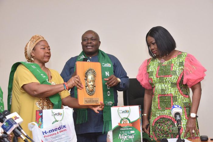 Chairman of NiDCOM, Mrs Abike Dabiri-Erewa, with participants, on Wednesday at a news conference ahead of the 17th annual National Diaspora Day scheduled for July 25 and 26 in Abuja. [NAN]