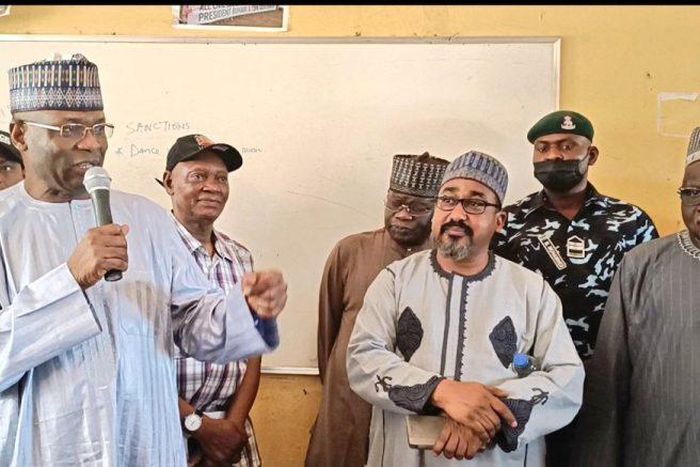From Left: INEC Chairman, Prof. Mahmood Yakubu with the Director-General, The Electoral Institute (TIE), Dr Sa’ad Idris, addressing the SPOs for 2023 general elections on Saturday in Abuja.