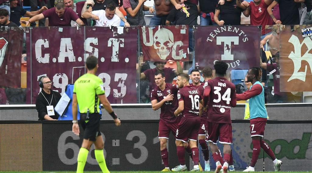 Nigeria's Ola Aina joins Torino teammates in celebrating Pietro Pellegri's winner against Udinese