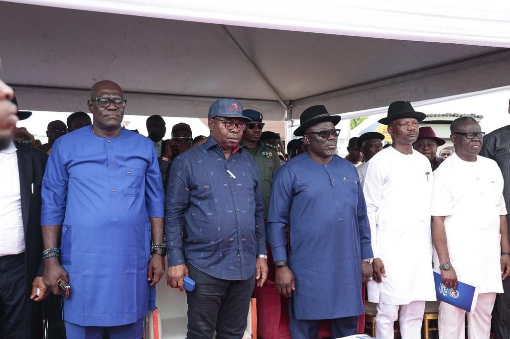 From left: The PDP Delta State Party Chairman Olorogun (Barrister) Kingsley Esisio,  Delta State deputy Governor, HIs Excellency  Chief Monday Onyeme, Governor of Delta State, Hon. Sheriff Oborevwori, The Commissioner for Works, Rural Development, Char...