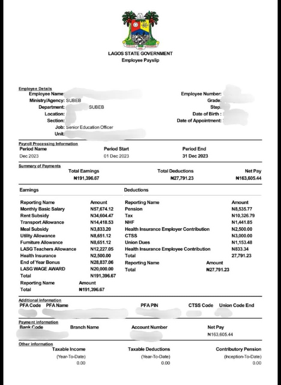 The payslip of one the primary school teachers who felt shortchanged by the state government.