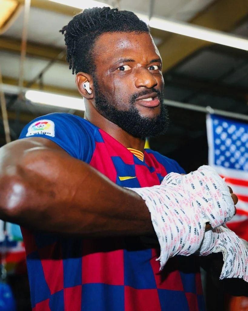 Ajagba posted a photo working out in the gym wearing the 2019/20 home jersey of La Liga giants Barcelona