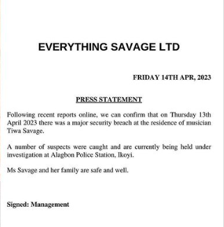 Tiwa Savage's press release at the time [Instagram/TiwaSavage]