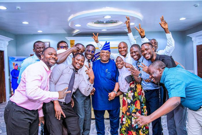 Gov. Ademola Adeleke (centre) with resident doctors at Uniosun Teaching Hospital after their meeting in Osogbo on Wednesday. [NAN]