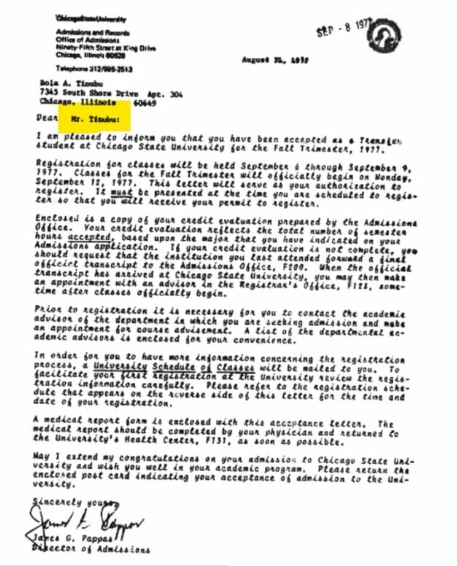 Bola Tinubu's admission letter. [TheCable]