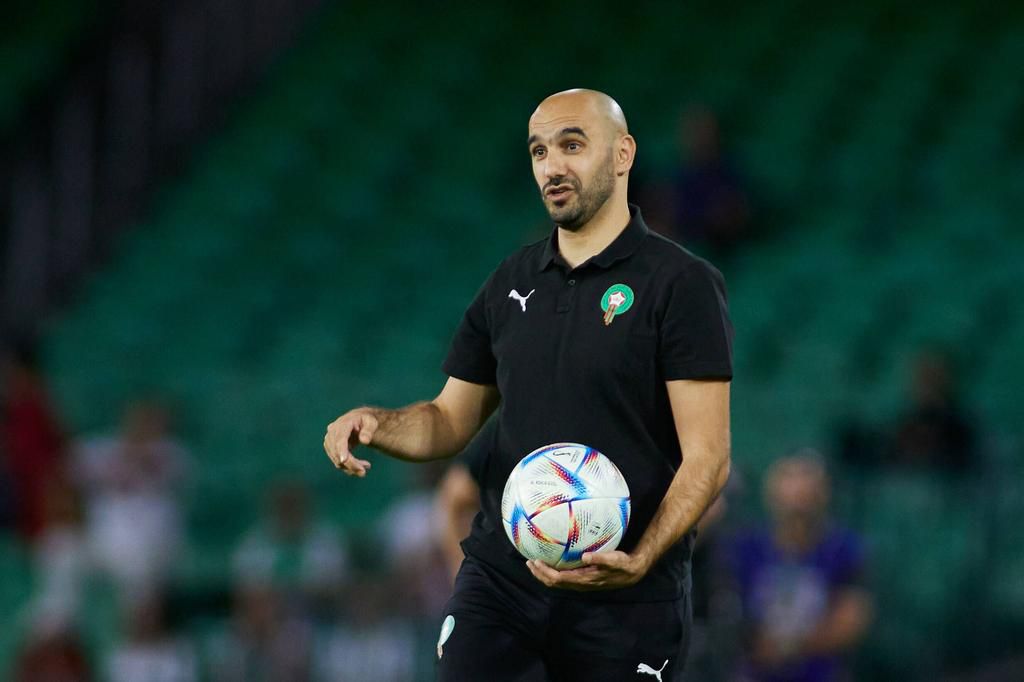 Walid Regragui, head coach of Morocco, gestures during an International Friendly game between Morocco and Paraguay at Benito Villamarin Stadium on September 27, 2022.