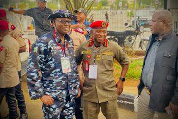 L-R- CP. Idowu Owohunwa of Lagos police command and NSCDC Commandant, Lagos command, Mr Ishaq Usman during the governorship and Houses of Assembly elections in Lagos on Saturday