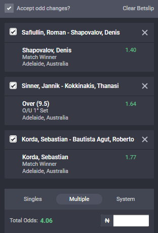 Bet9ja odds for the Adelaide International ATP