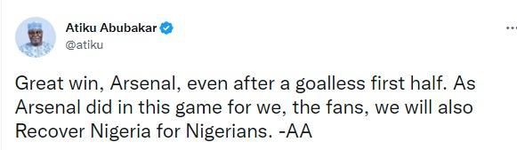Atiku Abubakar's Arsenal tweet