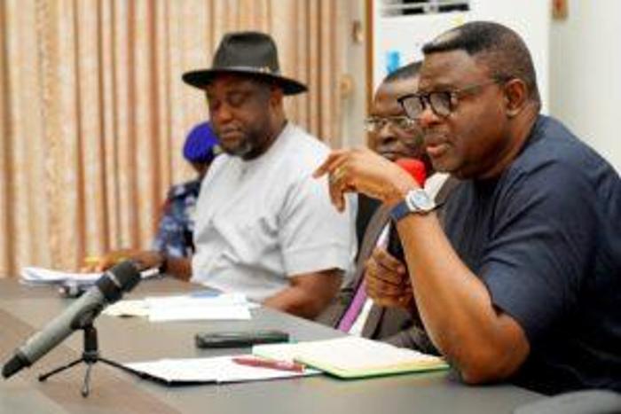 L-R: Mr Erasmus Ekpang, C’ River Commissioner for Information, Prof. Anthony Owan-Enoh, Secretary to the Government of Cross River and Gov. Bassey Otu during a media parley on Friday in commemoration of the governor’s first 100 days in office.
