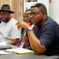 L-R: Mr Erasmus Ekpang, C’ River Commissioner for Information, Prof. Anthony Owan-Enoh, Secretary to the Government of Cross River and Gov. Bassey Otu during a media parley on Friday in commemoration of the governor’s first 100 days in office.
