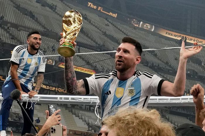 Lionel Messi celebrates after winning the World Cup.AP Photo/Frank Augstein