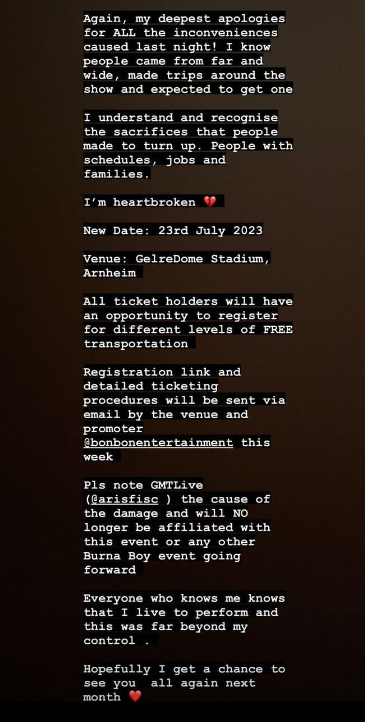 Burna Boy apologises to Netherland fans for cancelled concert