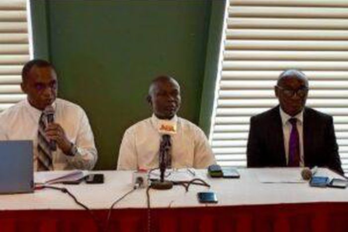 From Left: Mr Ifeanyi Agiriga, Stake President, Abuja Kubwa Stake, Mr Victor Eze, Stake President, Abuja Wuse Stake and Mr Ikpe Nkanang, Director of Communication, Lagos, Ibadan and Enugu Coordinating Council of the Church at a press briefing in Abuja.