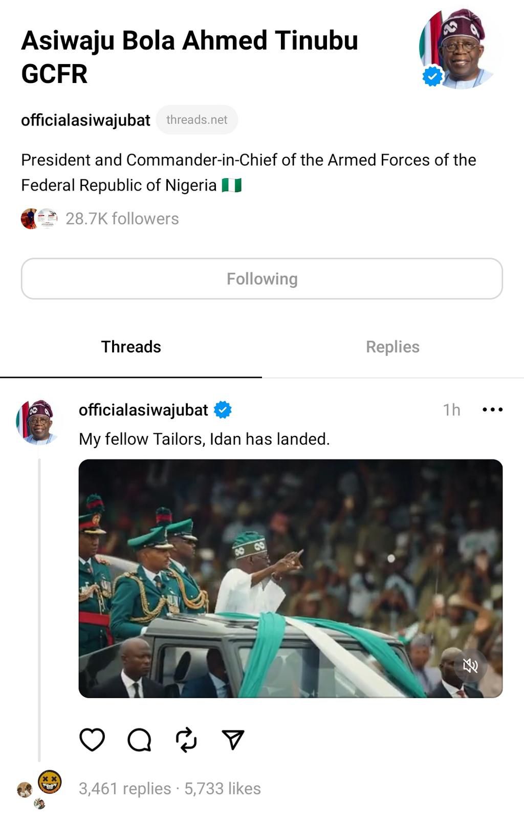 Tinubu joins Threads