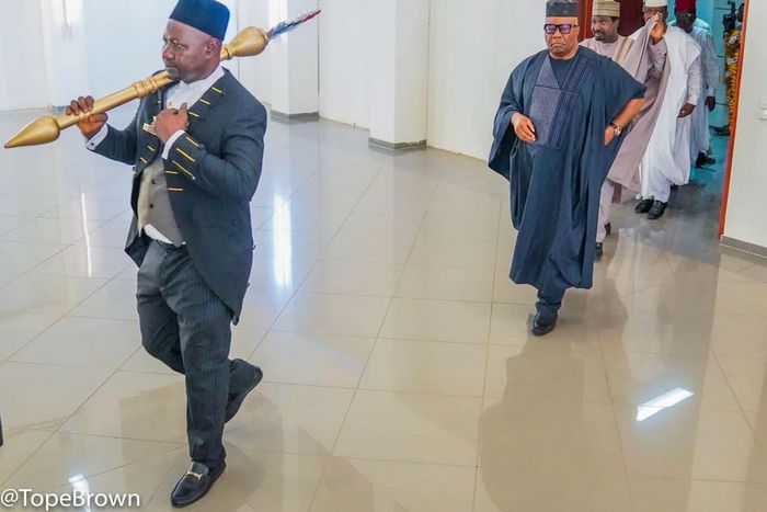 Principal officers of the 10th Nigerian Senate, led by Senate President Godswill Akpabio (second from left) [Tope Brown]
