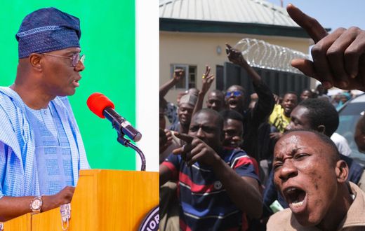 Babajde Sanwo-Olu and Angry Protesters. [Facebook/Getty Images]