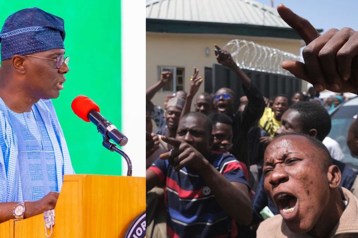 Babajde Sanwo-Olu and Angry Protesters. [Facebook/Getty Images]
