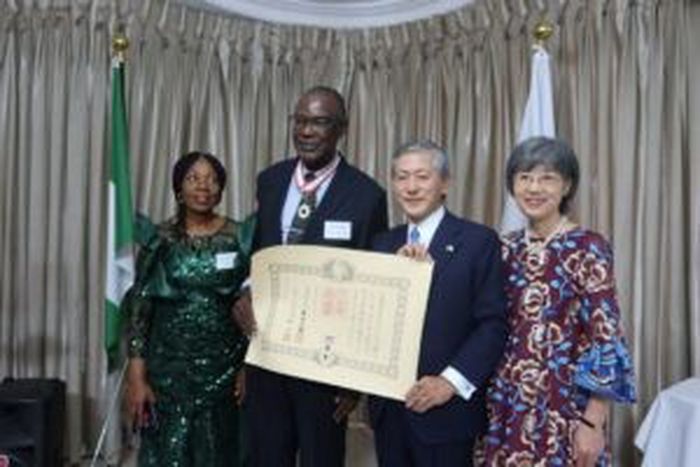 Prof. Chukwuma Ogbonna and his wife, with Japanese Ambassador Matsunaga Kazuyoshi and his wife, at the reception [NAN]