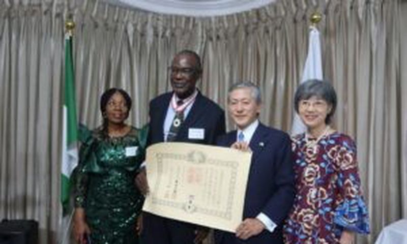 Prof. Chukwuma Ogbonna and his wife, with Japanese Ambassador Matsunaga Kazuyoshi and his wife, at the reception [NAN]