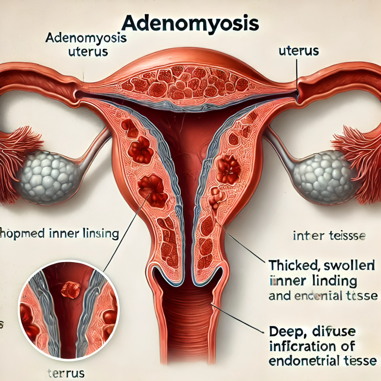 A detailed medical illustration showing the effects of Adenomyosis on the uterus