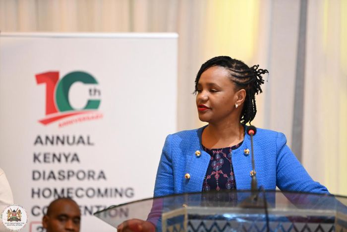 Diaspora Affairs PS Roseline Njogu during the 10th Annual Kenya Diaspora Homecoming Convention 2023 event in Nairobi