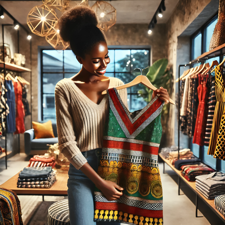 An AI-generated image of a Kenyan woman in her early 30s trying out new clothes in a fashionable boutique She is holding a vibrant, patterned dress in front of her body, look
