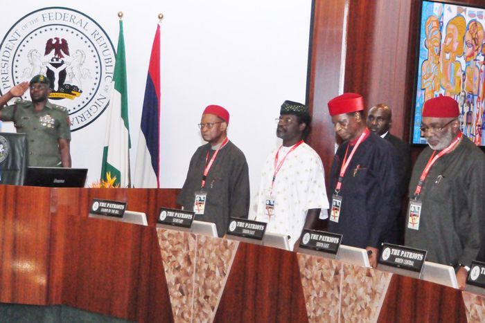 President Bola Tinubu and The Patriots at a meeting at the State House on Friday [NAN]