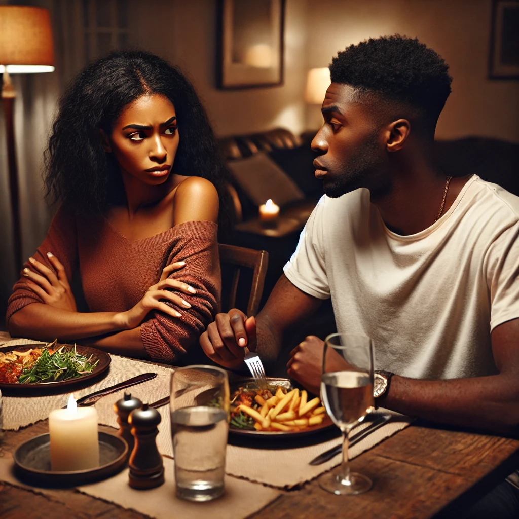 DALL·E-2024-09-09-145510-A-black-couple-sitting-at-a-dinner-table -eating-a-meal