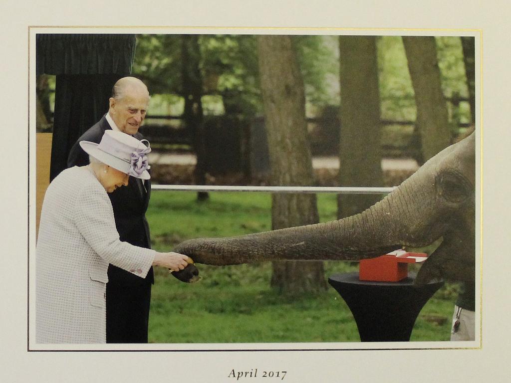 2017: The Queen's card showed her feeding a banana to an elephant named Donna alongside Prince Philip.