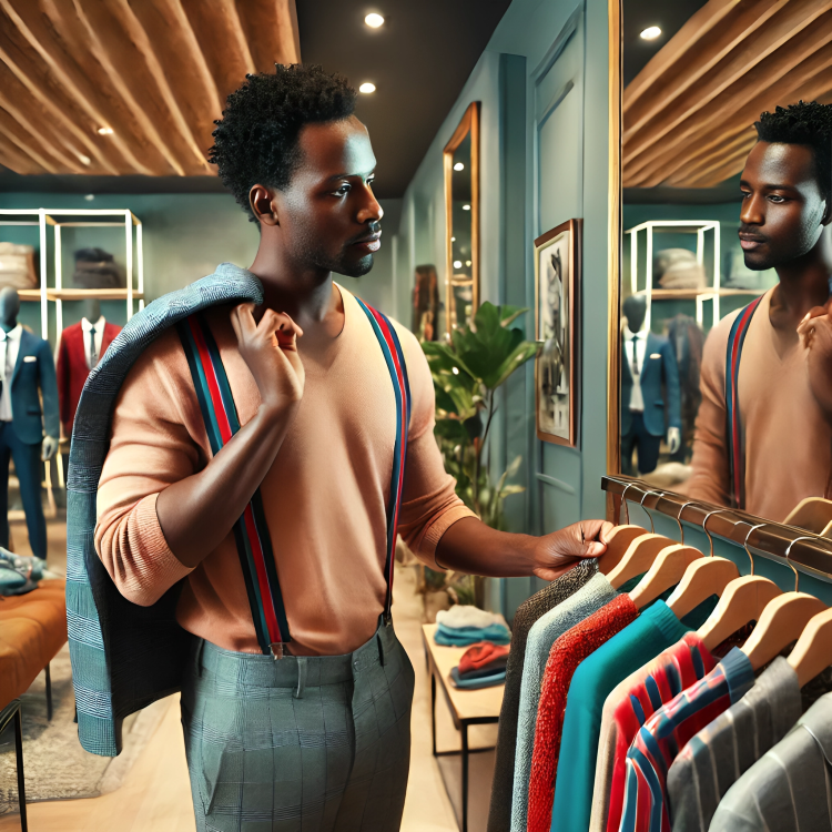 An AI-generated image of a Kenyan man in his mid-30s trying out new clothes in a modern clothing store