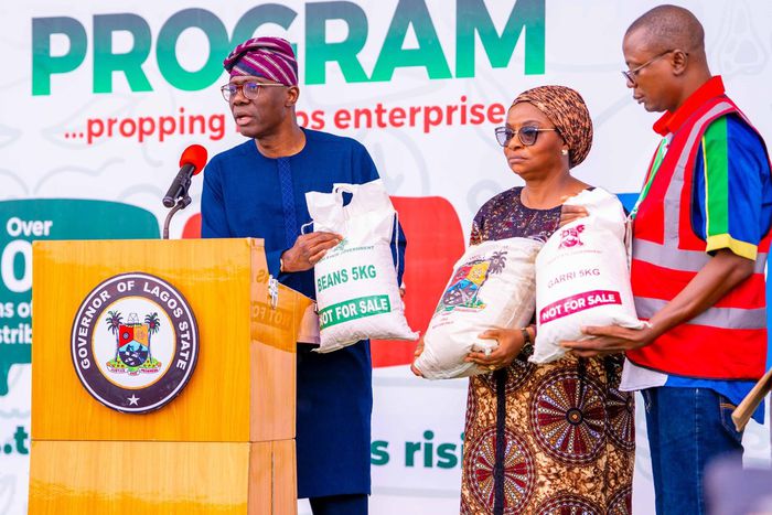 Governor of Lagos State, Mr Babajide Sanwo-Olu, flags off distribution of food items for 500,000 vulnerable households in the state, on Sunday at Lagos House, Alausa. (NAN/PHOTO)